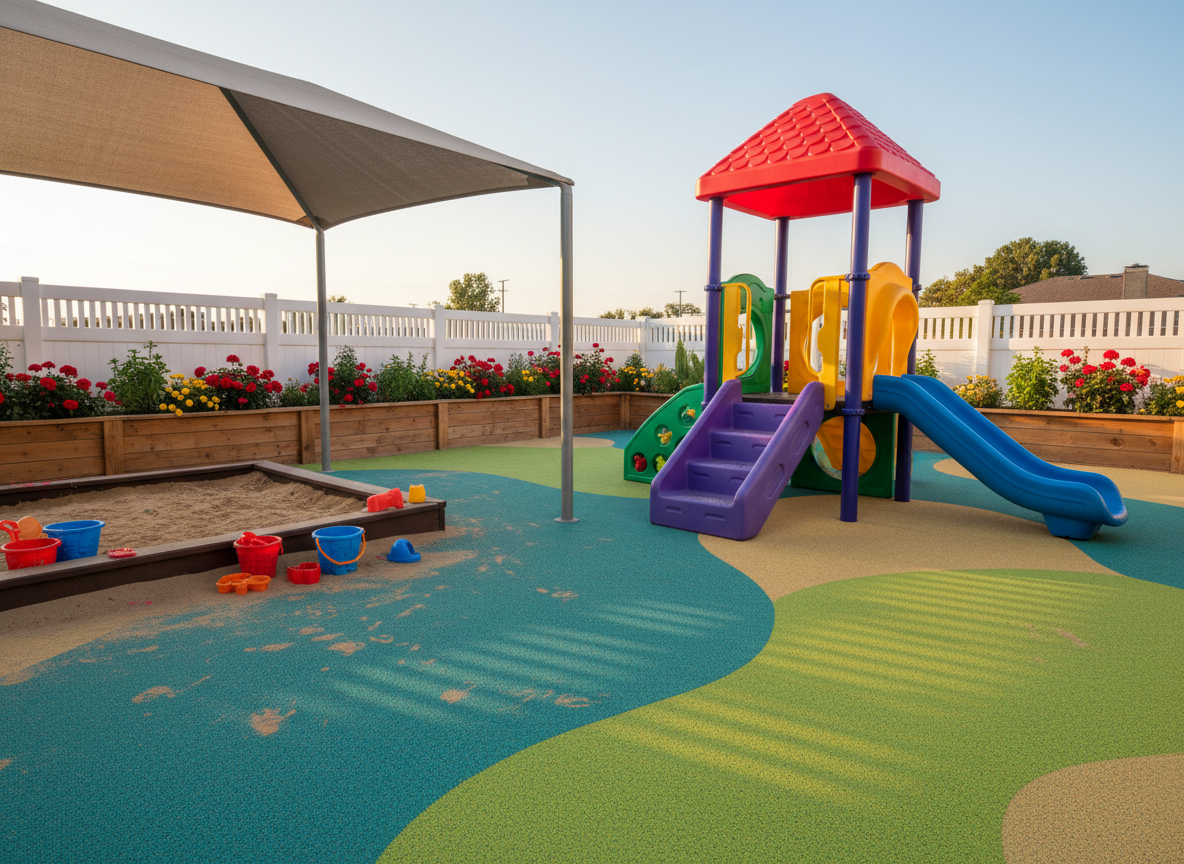 An inviting outdoor playground for a childcare center, featuring a colorful, low-profile play structure with safe, wide steps, smooth slides, and climbing panels designed for toddlers and preschoolers. The ground is covered in soft, rubberized safety surfacing in playful shades of teal, lime, and butter yellow. Nearby, a shaded sand area contains sturdy buckets, scoops, and molds arranged neatly, while raised garden beds with thriving flowers and leafy plants line the fence. Warm late-afternoon sunlight casts long, gentle shadows and a golden glow across the scene. Shot in photographic realism from a slightly low angle to make the play structures feel exciting yet approachable, the image captures a joyful, energetic, and secure outdoor environment where young children can explore and grow.