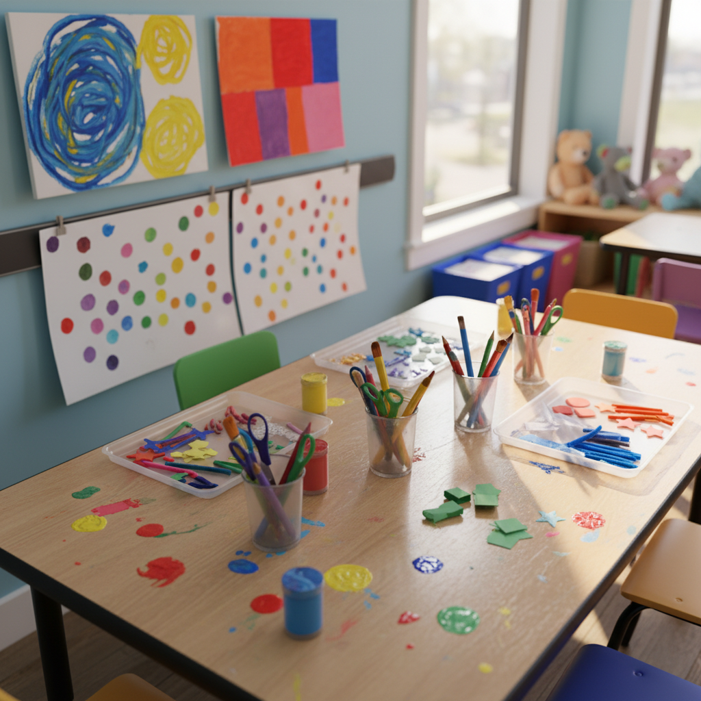 A dedicated art and creativity corner in a preschool classroom, centered on a wide, child-height table splattered with remnants of washable paint in joyful colors. Transparent cups hold chunky brushes, thick crayons, and safety scissors, while shallow trays display colorful paper shapes and textured collage materials. Behind the table, a magnetic display rail showcases abstract artwork represented as bold swirls, dots, and color blocks with no legible text. Bright midday sunlight streams through a nearby window, catching tiny flecks of glitter and casting playful reflections on the tabletop. Captured in photographic realism from an overhead three-quarter angle, with a shallow depth of field focusing on the creative materials, the mood is exuberant, imaginative, and perfectly aligned with a playful learning center where children’s creativity blossoms.