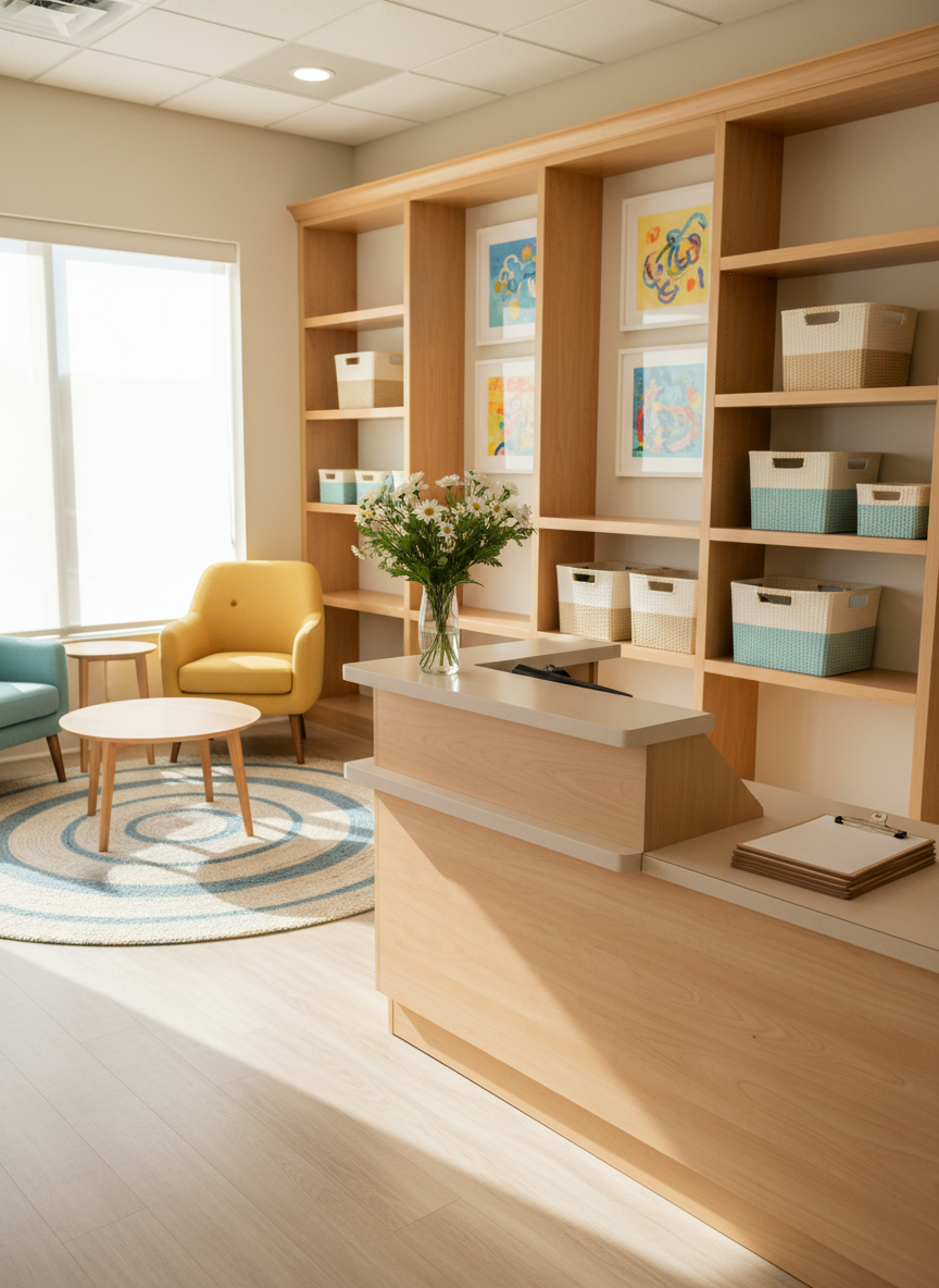 A welcoming childcare reception area designed to reassure families, featuring a smooth, light-wood check-in counter with a small vase of fresh flowers and a neat stack of clipboards without visible text. Behind the counter, open shelving displays neatly organized baskets and a few framed, abstract, childlike paintings that suggest happy activity without showing people. A cozy seating area with upholstered chairs in soft teal and buttercream tones sits near a large window, where natural afternoon light fills the space with a gentle, warm glow. The floor is a mix of textured area rugs and polished laminate. Shot in photographic realism from an eye-level perspective with balanced composition and crisp focus, the environment feels professional, nurturing, and playfully refined, ideal for first impressions of a childcare and learning center.