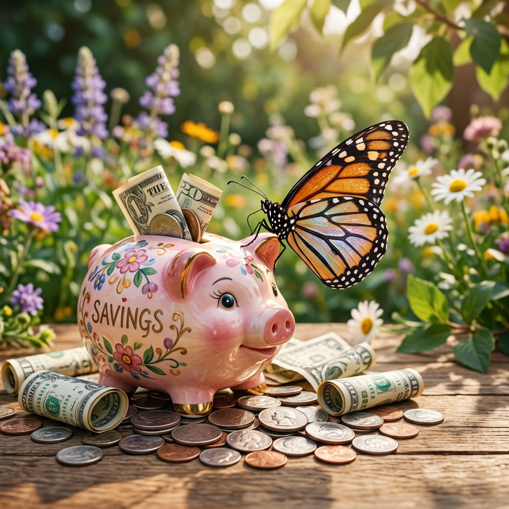 Floral piggy bank labeled savings with dollar bills, coins, and a butterfly