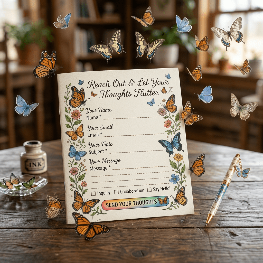 Butterfly-themed contact form with fields for name, email, subject, and message, bordered by colorful butterflies and flowers, with matching butterfly pen and ink bottle on wooden table